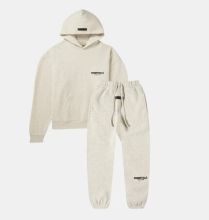 Essentials Fear of God Light Heather Oatmeal Tracksuit front side