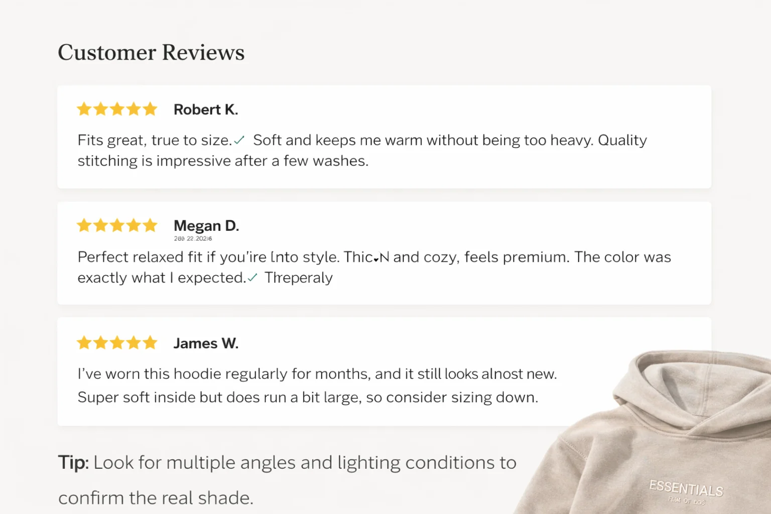 Example customer review layout showing star ratings and comments about fit, comfort, and fabric quality of Essentials hoodies