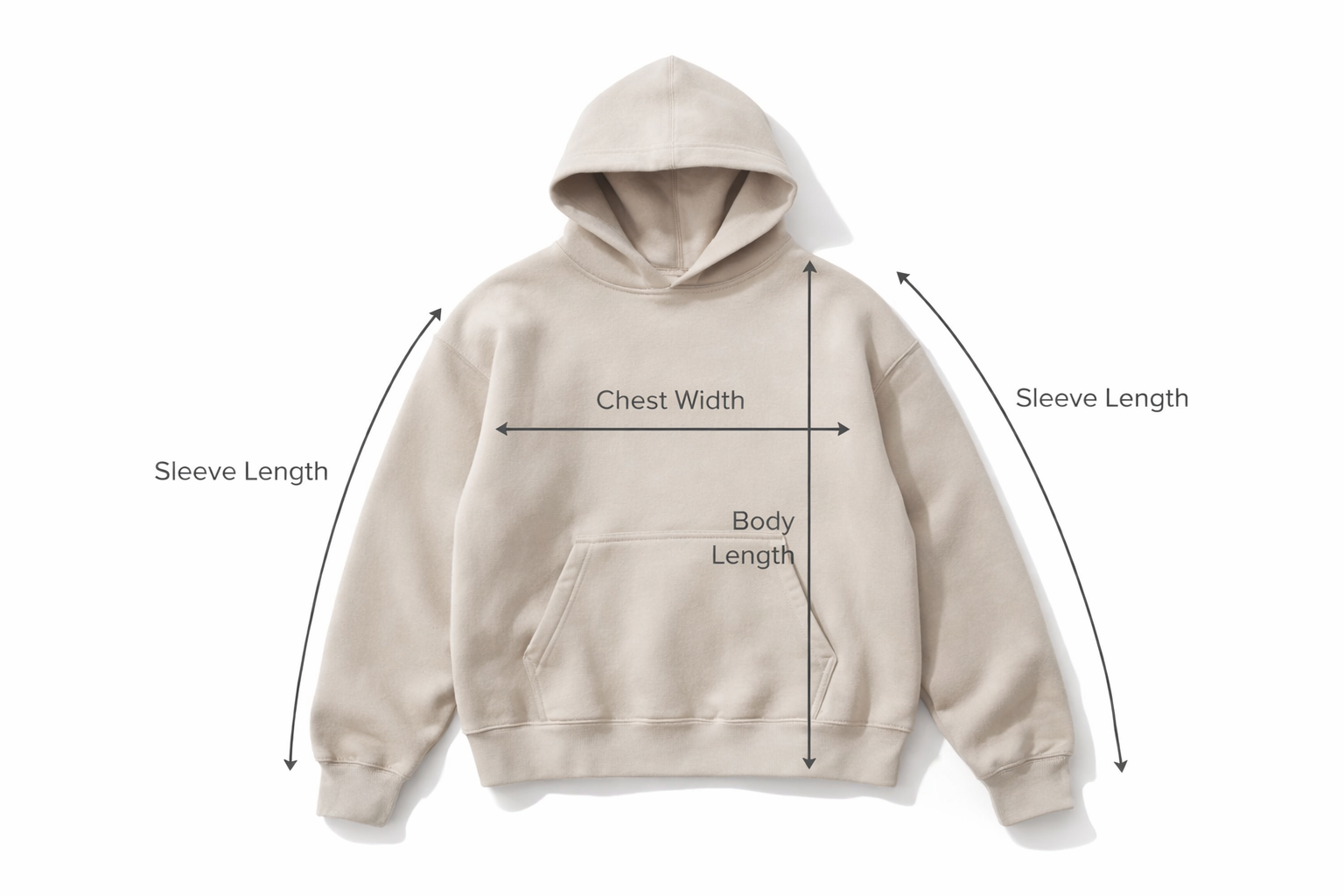 Essentials Fear of God hoodie measurement guide showing chest width, body length, and sleeve length